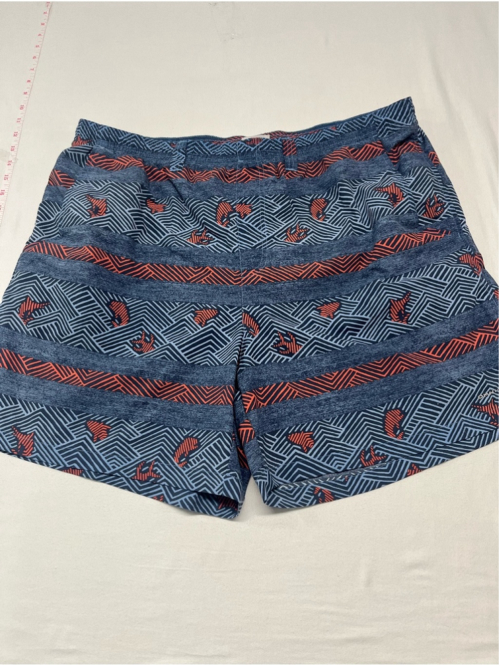 Columbia Men's Athletic Shorts in Navy with Coral Stripe Pattern swimming 1484